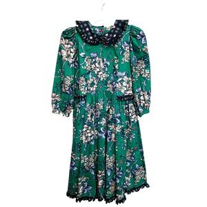 Mousefeathers VTG Dress Girls 12 Green Navy Floral Peasant Victorian Ruffle